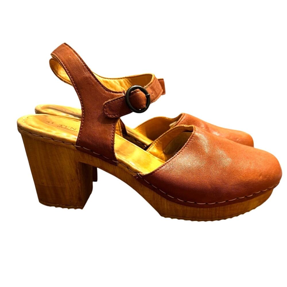 Ten Points Platform Sandal Clogs Tan Leather Ankle Strap, Size 41/US 10